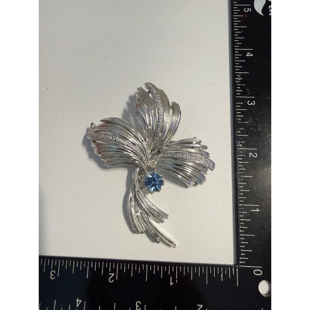 Vintage Emmons‎ Silver Tone Blue Rhinestone Spray Brooch Pin Mid Century Modern